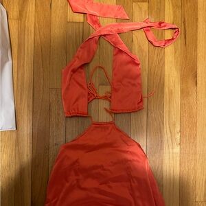 Orange tie neck mini dress